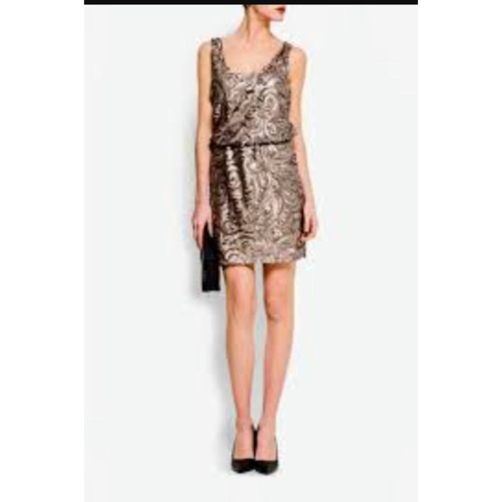 Mango Gold Sequins Dress Women Size 4 Brown Sleeveless Loose Fit Party Chic
